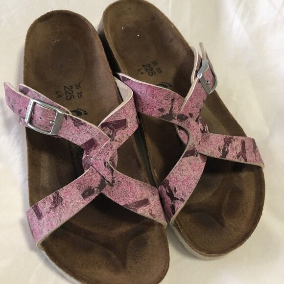 Birkenstock Shoes - Birkenstock Birkis Floral T-Strap Sandal Sz 4 Pink Flats Slides